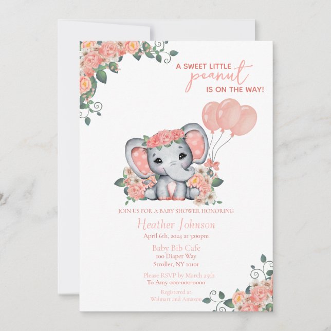 Convite Chá de Bebê da Menina Elefante (Frente)
