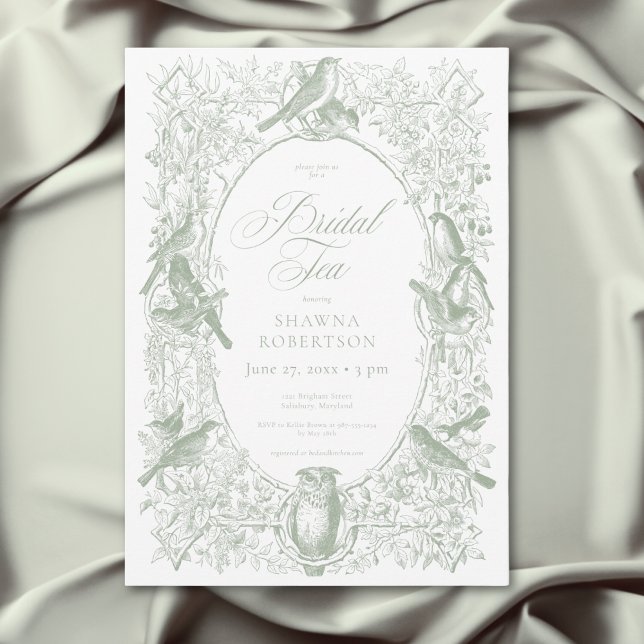 Convite Chá de Bebê da Noiva Pássaros Verdes Elegantes (Elegant Green Chinoiserie Nature Birds Bridal Tea Invitation)
