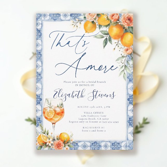 Convite Chá de Bebê da Noiva That's Amore Citrus Italiano  (that's amore bridal shower theme elegant invitation calligraphy italian summer blue watercolor)