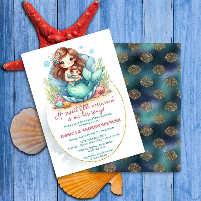 Convite Chá de Bebê da Pequena Sereia (Sweet little baby mermaid baby shower invite front and back view.)