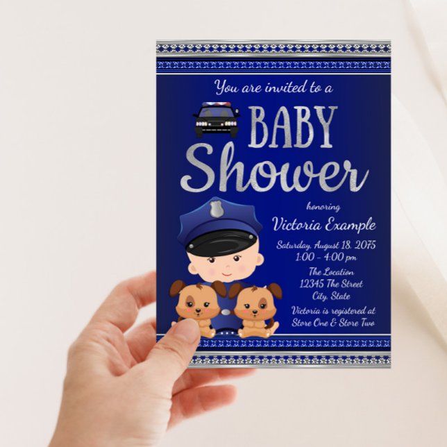Convite Chá de Bebê da Polícia Canina (Cute blue and silver police and canine puppies baby shower invitation. Simply add your event details)