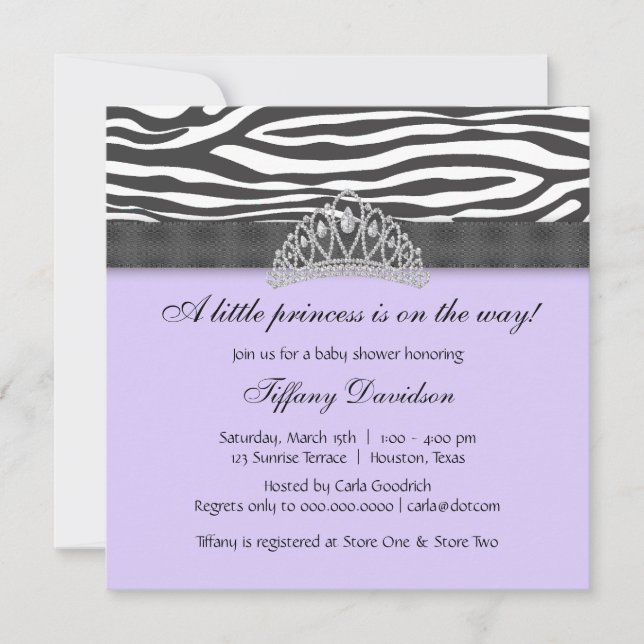 Convite Chá de Bebê da Princesa Diamond Tiara Roxo Zebra (Frente)