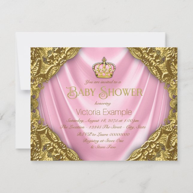 Convite Chá de Bebê da Princesa Real Cetim Rosa e Dourado (Verso)