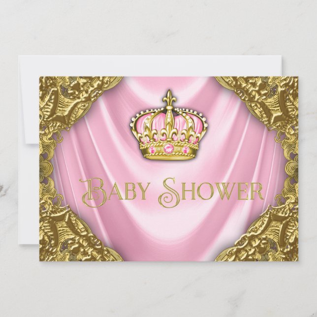 Convite Chá de Bebê da Princesa Real Cetim Rosa e Dourado (Frente)