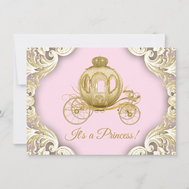 Convite Chá de Bebê da Princesa Real em Carruagem Rosa e D (Frente)