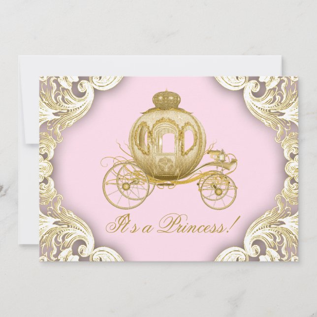 Convite Chá de Bebê da Princesa Real em Rosa e Dourado (Frente)