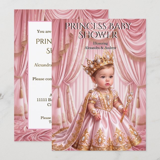 Convite Chá de Bebê da Princesa Real Tiaro Rosa Dourado (Frente/Verso)