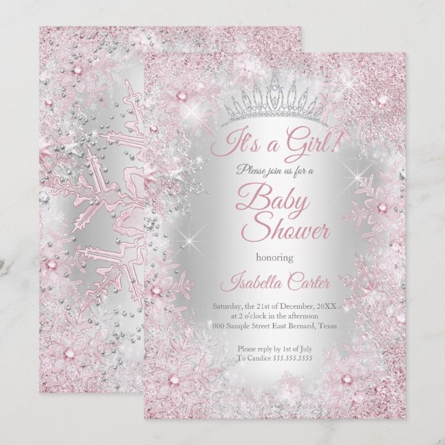 Convite Chá de Bebê da Princesa Rosa Bege Florido Inverno  (Frente/Verso)