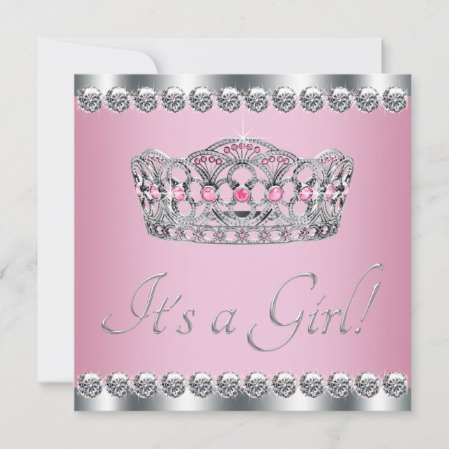 Convite Chá de Bebê da Princesa Rosa com Tiara de Diamante (Frente)