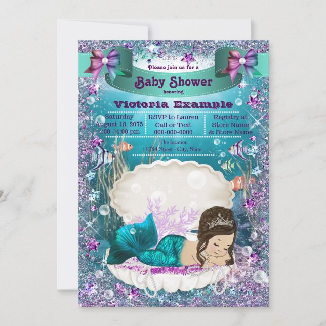 Convite Chá de Bebê da Princesa Sereia Morena Adorável (Frente)
