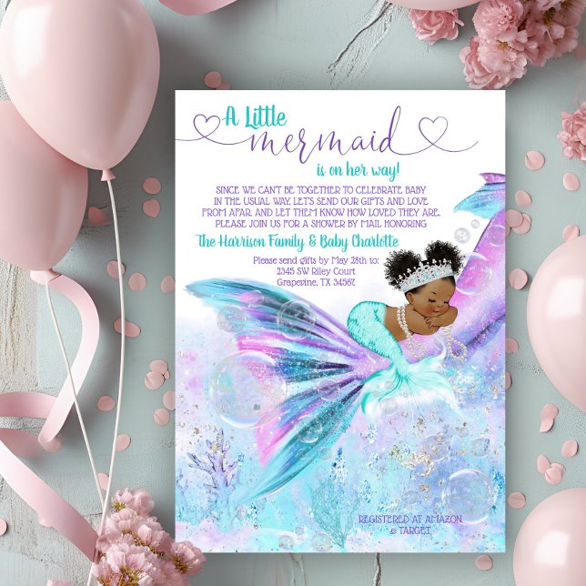 Convite Chá de Bebê da Sereia Afro por Encomenda (Adorable mermaid long distance mail baby shower invitation. )