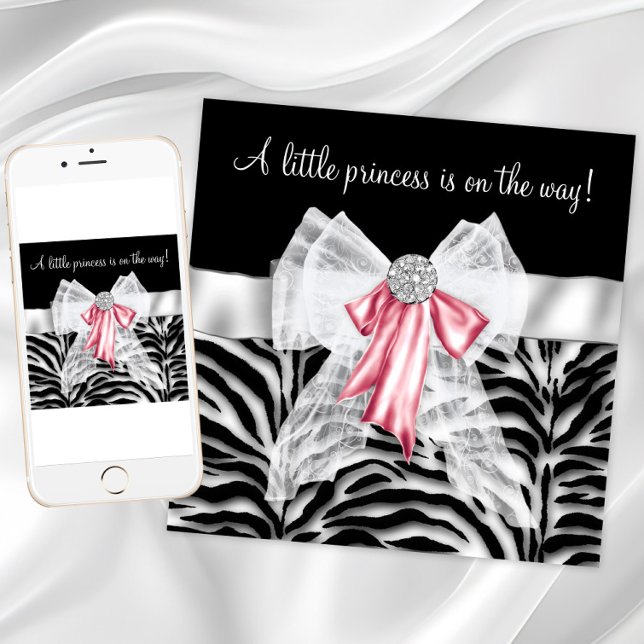 Convite Chá de Bebê da Zebra Rosa (Girl zebra baby shower invitation with pretty pink bow. Add your own text to the front and back. )