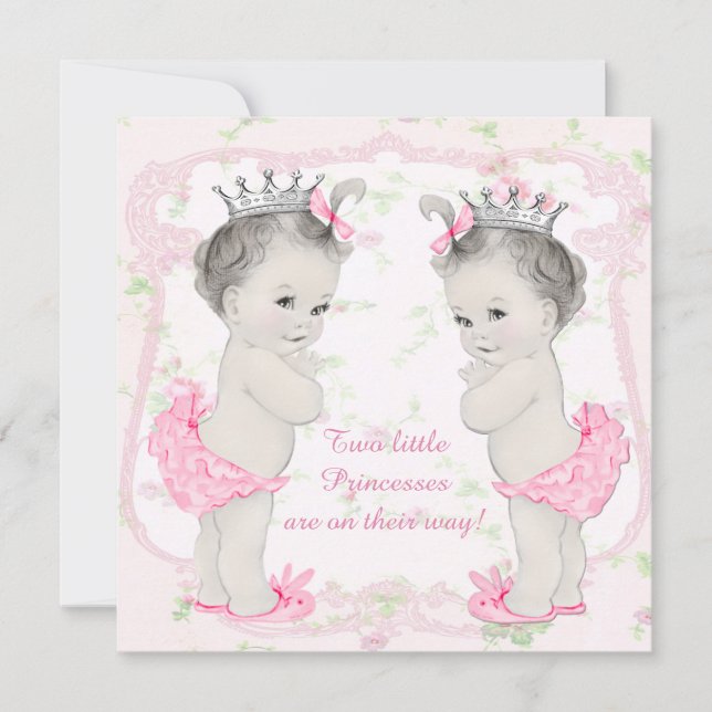 Convite Chá de Bebê das Gêmeas Princesas Rosa Adoráveis (Frente)