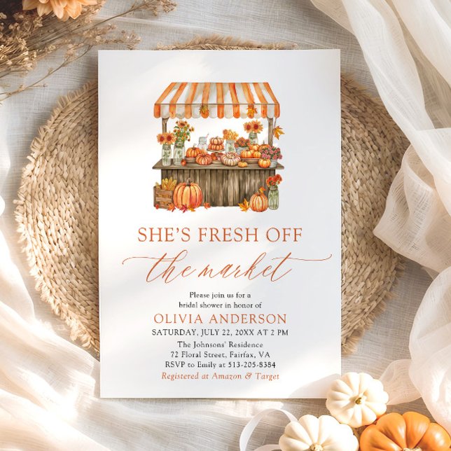 Convite Chá de Bebê de Abóbora Fresca Recém-chegada do Mer (Orange Gingham Fall Pumpkin Fresh Off the Market Bridal Shower Invitation)