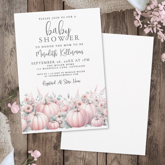 Convite Chá de Bebê de Abóbora Rosa de Outono (Pink Pumpkin Fall Baby Shower Invitation)