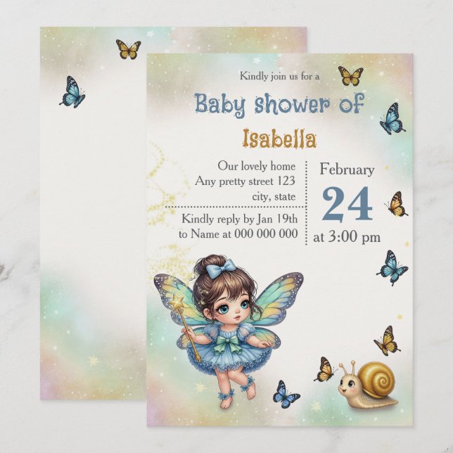 Convite Chá de bebê de adorável fada pequena (Frente/Verso)