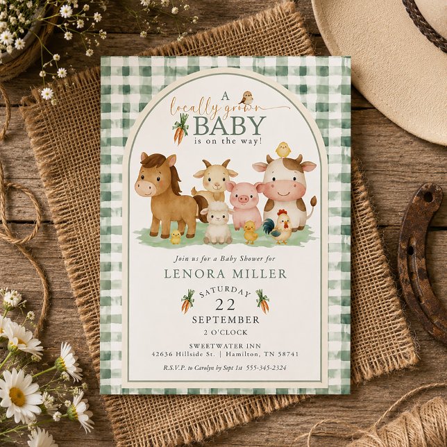 Convite Chá de Bebê de Animais da Fazenda de Bebê Gingham  (Gingham Locally Grown Baby Farm Animal Baby Shower Invitation)