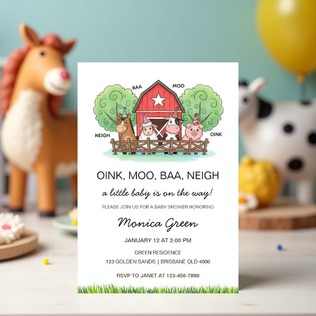 Convite Chá de Bebê de Animais da Fazenda Fofos (Farm Animal Baby Shower Invitation – Cute Barnyard Baby Shower Invite, Gender Neutral)