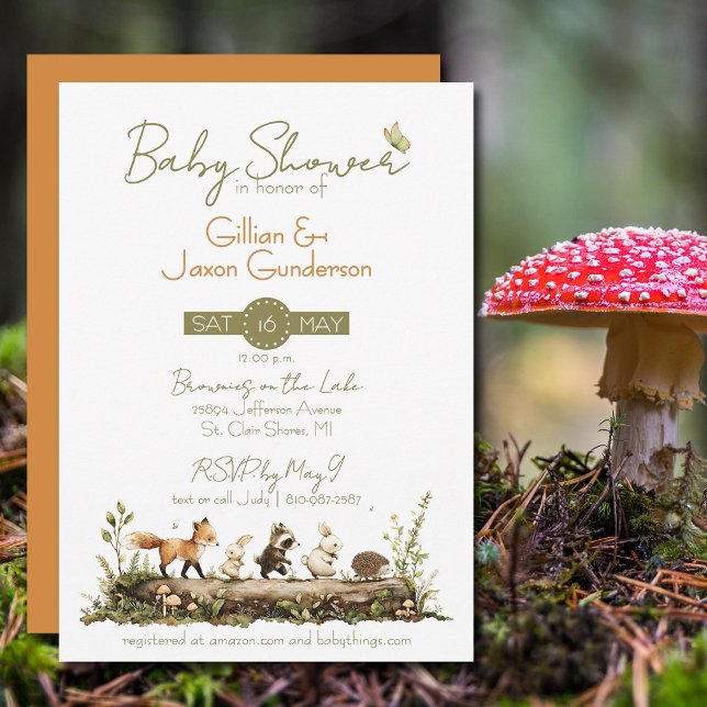 Convite Chá de Bebê de Animais da Floresta (Simply charming woodland animals in the forest baby shower invitation.)
