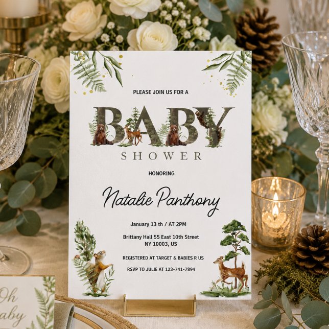 Convite Chá de Bebê de Animais da Floresta (whimsical rustic forest woodland invite )