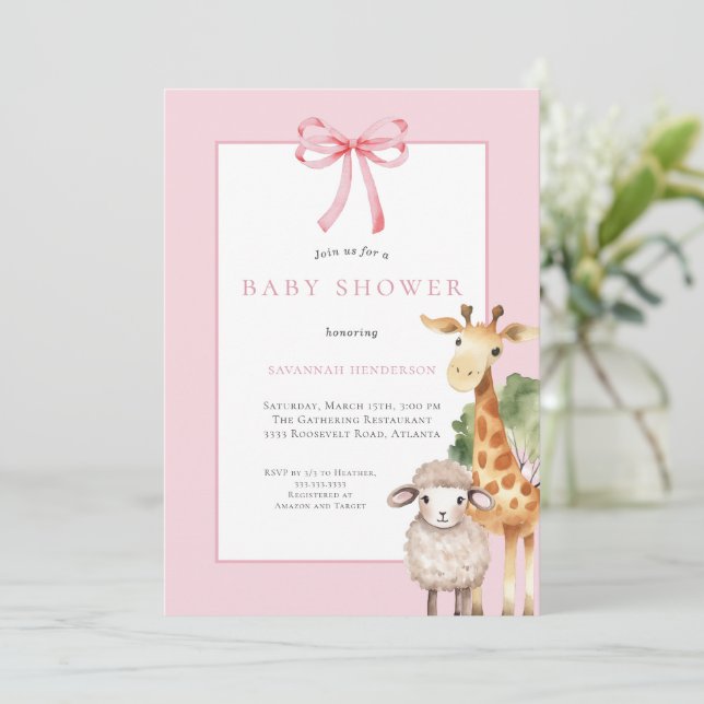 Convite Chá de Bebê de Animais da Floresta com Laço Rosa (Em pé/Frente)