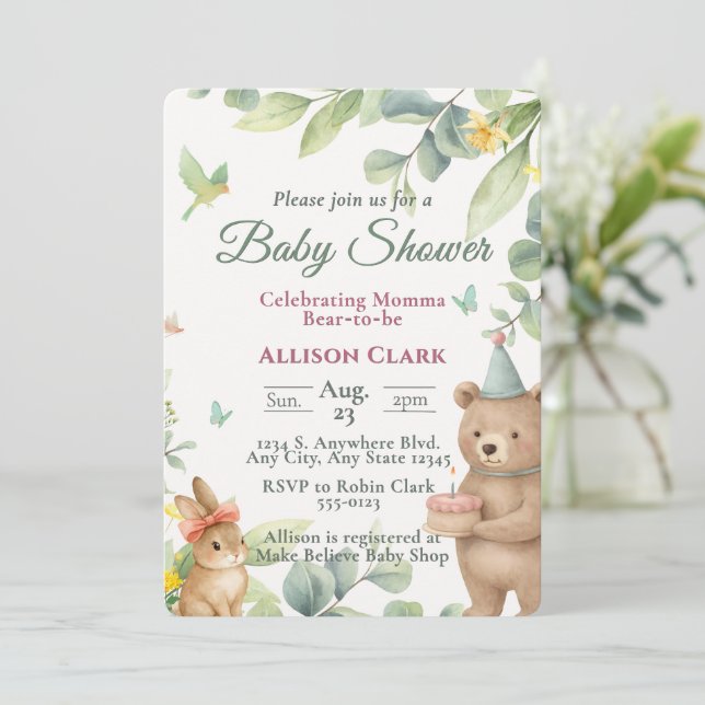 Convite Chá de Bebê de Animais da Floresta em Aquarela Per (Em pé/Frente)