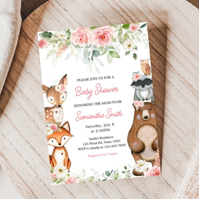 Convite Chá de Bebê de Animais Florestais (Floral Woodland Baby Shower Invitation)