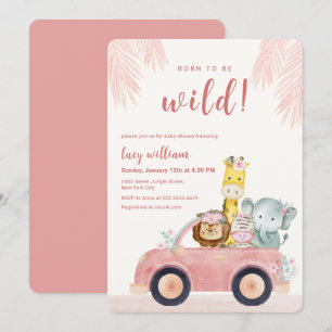 Convite Chá de Bebê de Animais Safari Pink Born To Be Wild