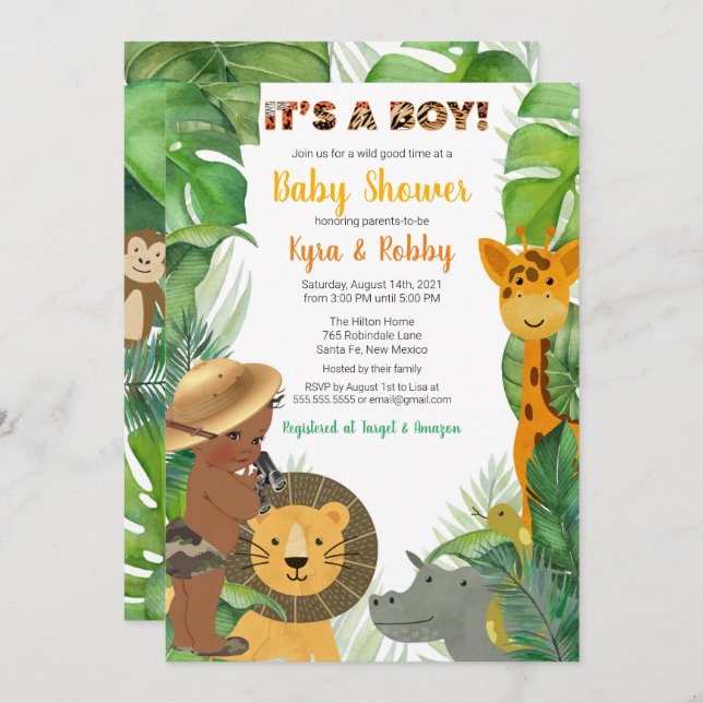 Convite Chá de Bebê de Animais Safari Selva  (Frente/Verso)