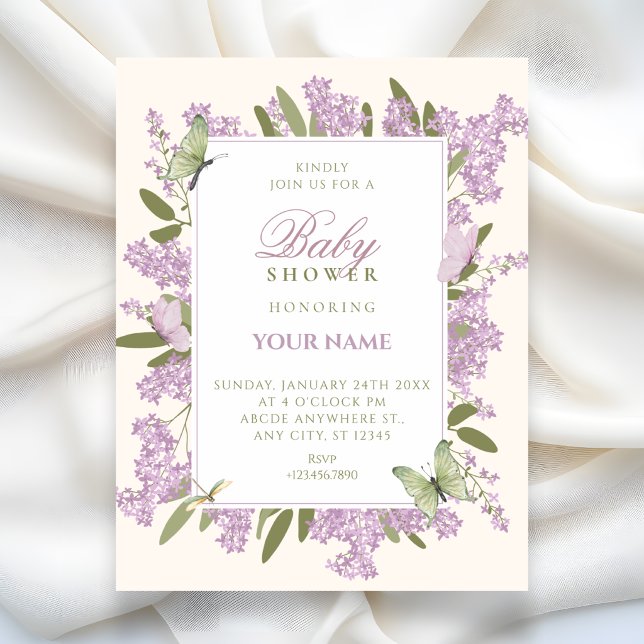Convite Chá de bebê de aniversário floral roxo (Criador carregado)