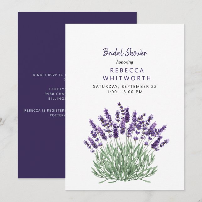 Convite Chá de Bebê de Aquarela Lavanda Elegante (Frente/Verso)