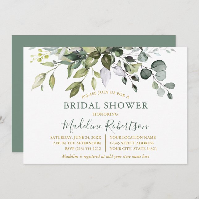 Convite Chá de Bebê de Aquarela Verde Oliva Dourado (Frente/Verso)