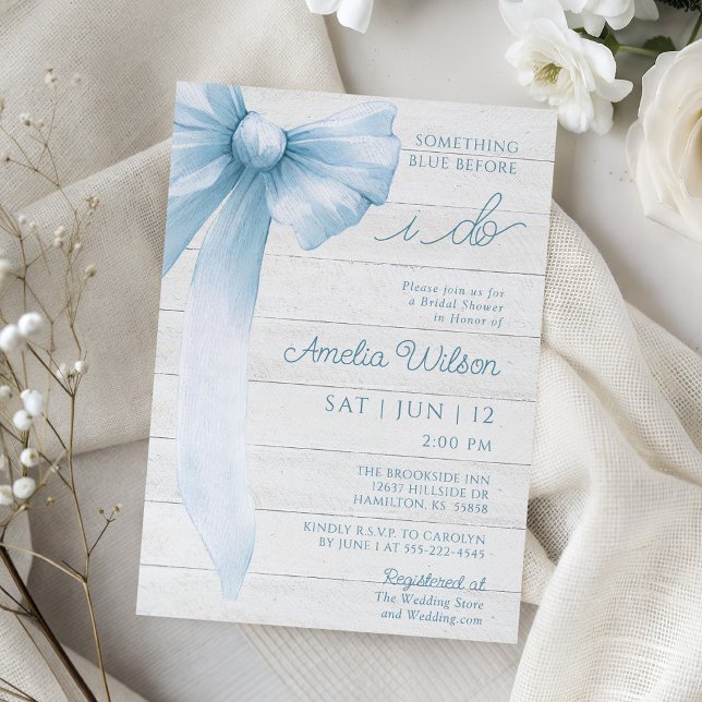 Convite Chá de Bebê de Arco Rústico Azul (Rustic Bow Something Blue Bridal Shower Invitation)