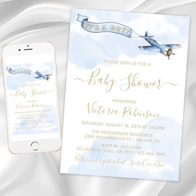 Convite Chá de Bebê de Avião Antigo Menino (Baby blue and gold vintage airplane invitations. Instant download and printed invitations available.)