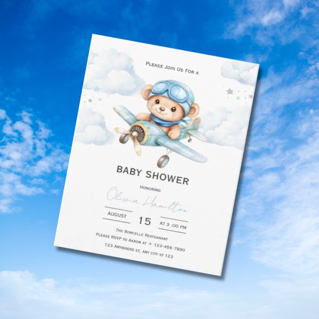 Convite Chá de Bebê de Avião de Urso de Pelúcia em Aquarel (Criador carregado)