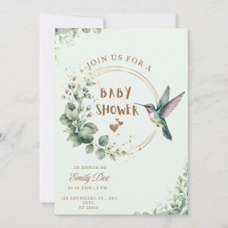 Convite Chá de Bebê de Beija-flor com Eucalipto em Aquarel