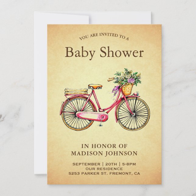 Convite Chá de Bebê de Bicicleta Floral Rosa Antigo (Frente)