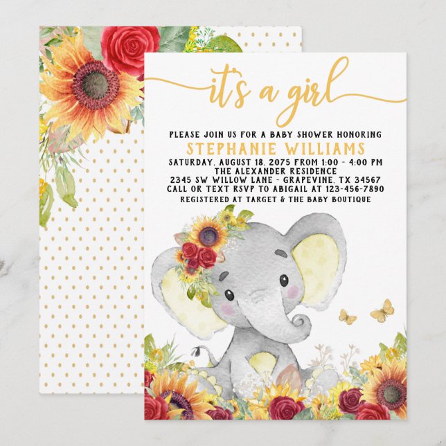 Convite Chá de Bebê de Borboleta de Girassol Elefante (Frente/Verso)