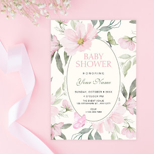 Convite Chá de bebê de borboleta floral macia rosa