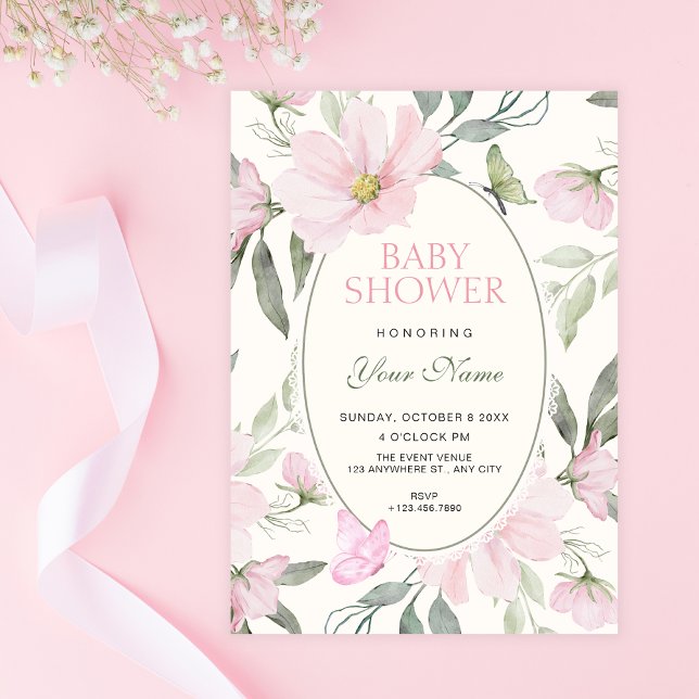 Convite Chá de bebê de borboleta floral macia rosa (Criador carregado)