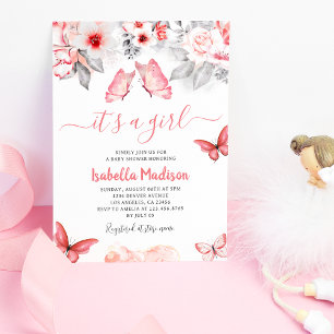 Convite Chá de Bebê de Borboleta Floral Rosa