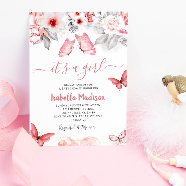 Convite Chá de Bebê de Borboleta Floral Rosa (Pink Floral Butterfly Baby Girl Shower Invitation
)