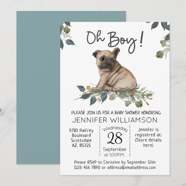 Convite Chá de Bebê de Cachorro Oh Menino! Pug Cachorrinho (Frente/Verso)