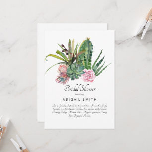 Convite Chá de Bebê de Cacto em Aquarela Rosa Floral Branc