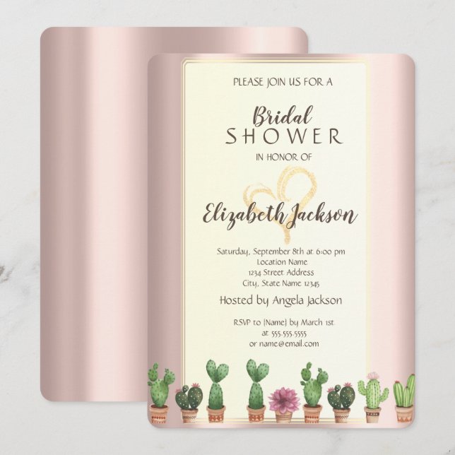 Convite Chá de Bebê de Cacto em Rose Gold Elegante (Frente/Verso)