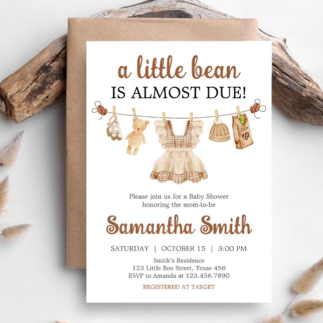 Convite Chá de Bebê de Café (Coffee Little Bean Clothesline Baby Shower Invitation)