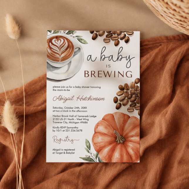 Convite Chá de Bebê de Café com Tempero de Abóbora Um Bebê (Pumpkin Spice Coffee Baby Shower a Baby is Brewing Invitation)