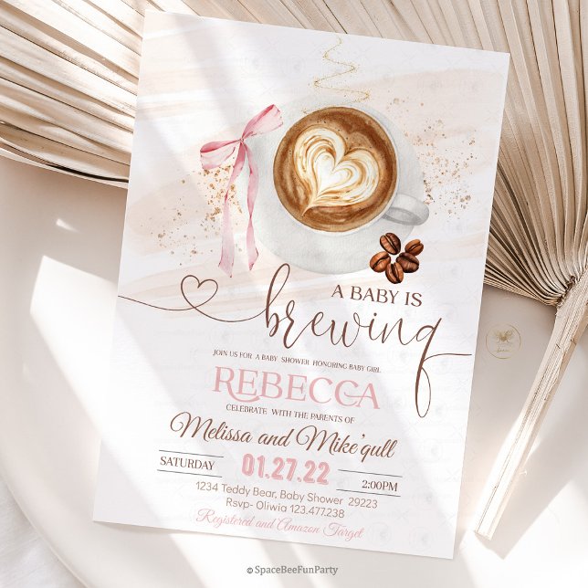 Convite Chá de bebê de café está sendo preparado  laço (Coffee Baby Shower, Baby Girl, Coffee Theme, Cute Bow, Gender Reveal, Coffee Lover, Shower Decor, Ba)