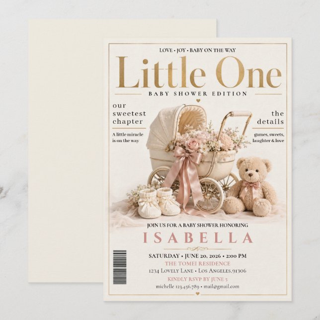 Convite Chá de Bebê de Capa de Revista Elegante (Frente/Verso)