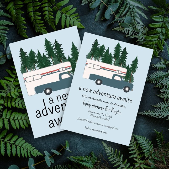 Convite Chá de Bebê de Casa de Campismo em Caminhão Antigo (Adventure Awaits Baby Shower Invitation Vintage Truck Camper RV Motorhome Vanlife Camping )
